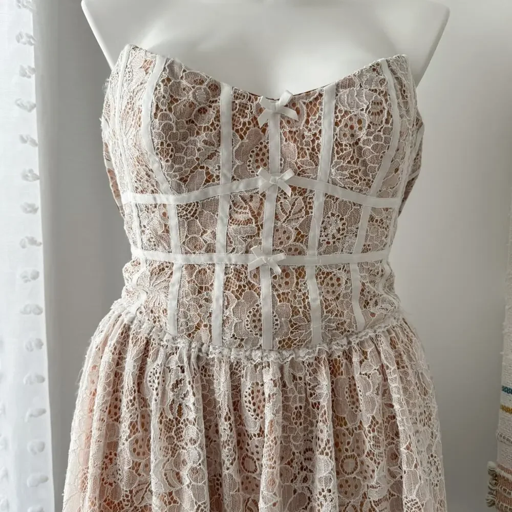 For Love & Lemons Jelena White Tan Lace Strapless Mini Dress Women’s Size Medium - Picture 4 of 14